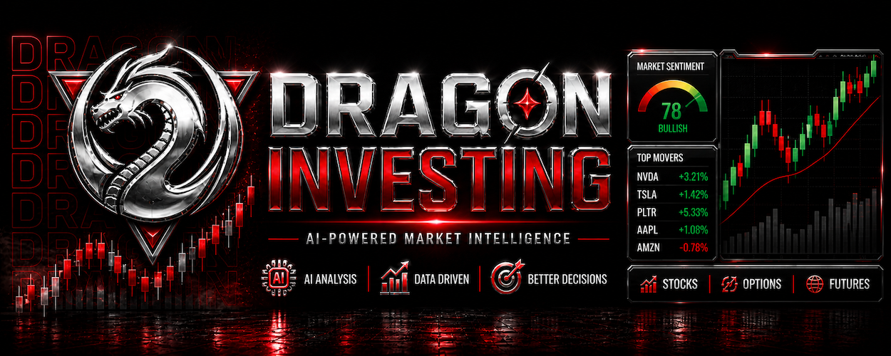 Dragon Investing chrome dragon logo with red market charts